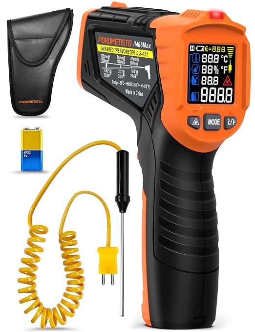 4 in 1 Temperature Gun POROMETISTO 4 Types of Alarm Setting,-58-1472°F Measure Infrared/Ambient Temperature Humidity Infrared Thermometers,Industrial Laser Thermometer Gun with K-Type Probe