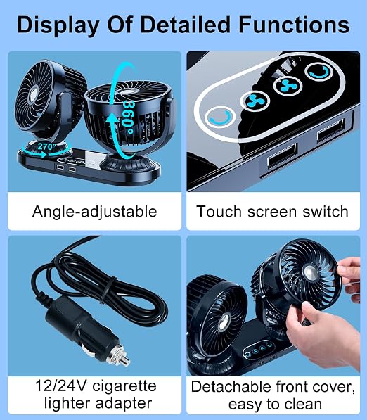 Dual Head Auto Oscillating Car Cooling Fan for Dashboard, DC 12V / 24V Cigarette Lighter Plug Car Fans that Blow Cold Air Cooler for Vehicles Sedan SUV Rv Van Truck Utv Tractor Cab Without AC