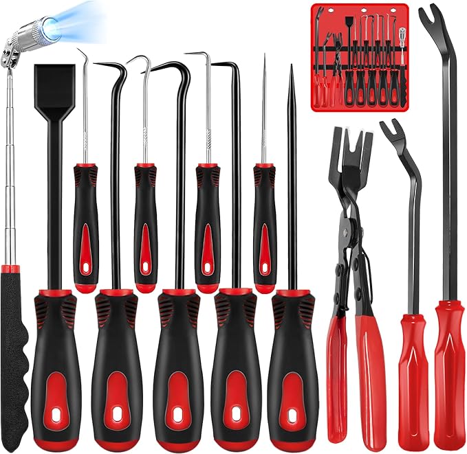 Doaho 13 Pcs Automotive Pick Set and Hook Tool Kit with Auto Gasket Scraper Clip Removal Plier Rivets Puller Telescoping Magnetic Pickup Gasket Scraper for Automotive Repair