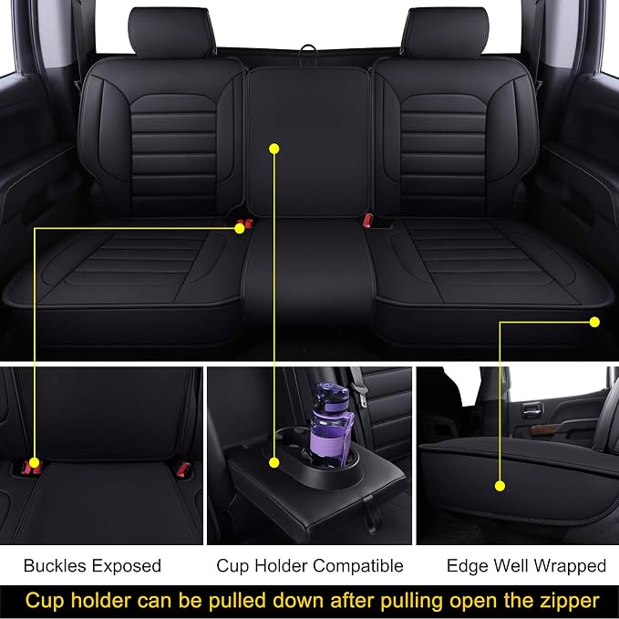LUCKYMAN CLUB Rear Silverado Seat Covers Fit for 2007-2025 Chevy Silverado Sierra 1500 2500 3500 Crew,Double,Extended Cab with Water Proof Faux Leather (Black Rear Covers)