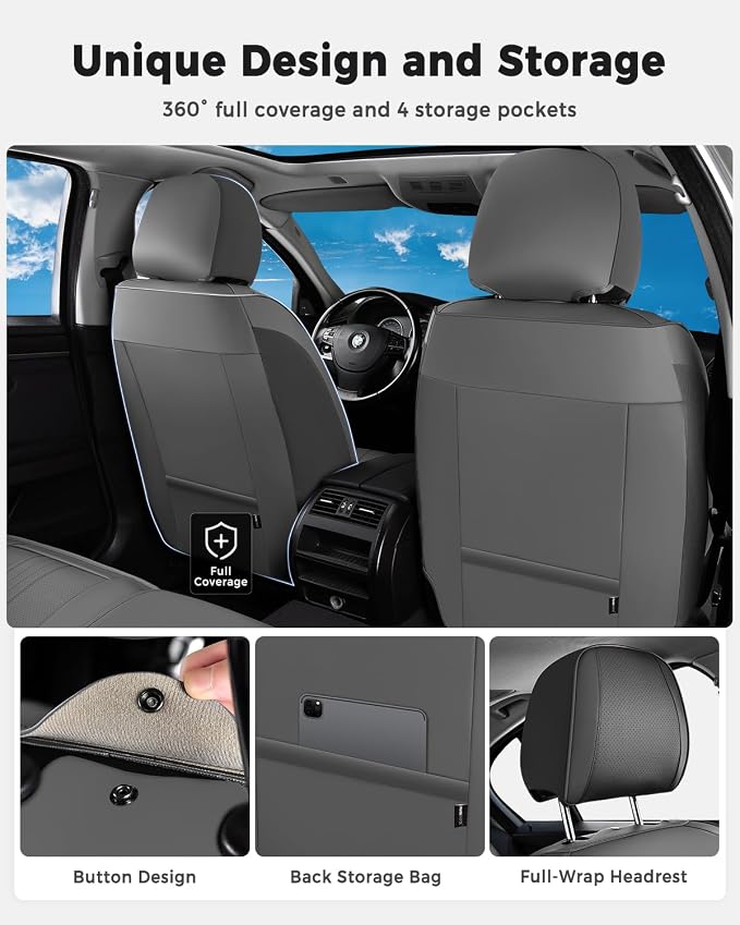 Huidasource Gray Seat Covers, Luxury Faux Leather Car Seat Cover, Velcro Adjustable, with Airbags, Seat Belts, Thinning Design Perforation Cooling＆Heating, Fit for Most Cars, Vans, Trucks, SUVs, Gray