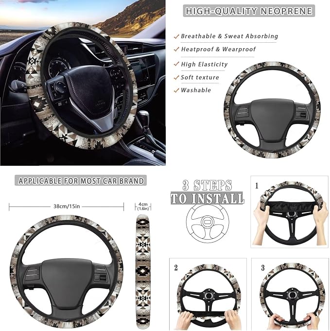 Suobstales Aztec American Tribal Geometric Print Car Seat Cover Full Set SUV Interior Accessories Front/Back Bench Bucket Seat Cover, Steering Wheel Cover, Seat Belt Cover, Coasters, Keychain