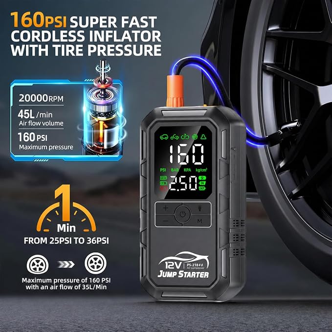 10-in-1 Car Battery Jump Starter with Air Compressor 8000A 160PSI Portable Car Jumper Starter (All Gas 12L Diesel), 12V Jump Box Car Battery Jump Starter Portable Jumper Cables, Lights (8000A)