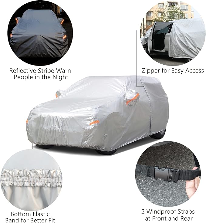 SEAZEN 2 Layers SUV Car Cover Waterproof All Weather, Outdoor Car Covers for Automobiles with Zipper Door, Hail UV Snow Wind Protection (Length Up to 190")