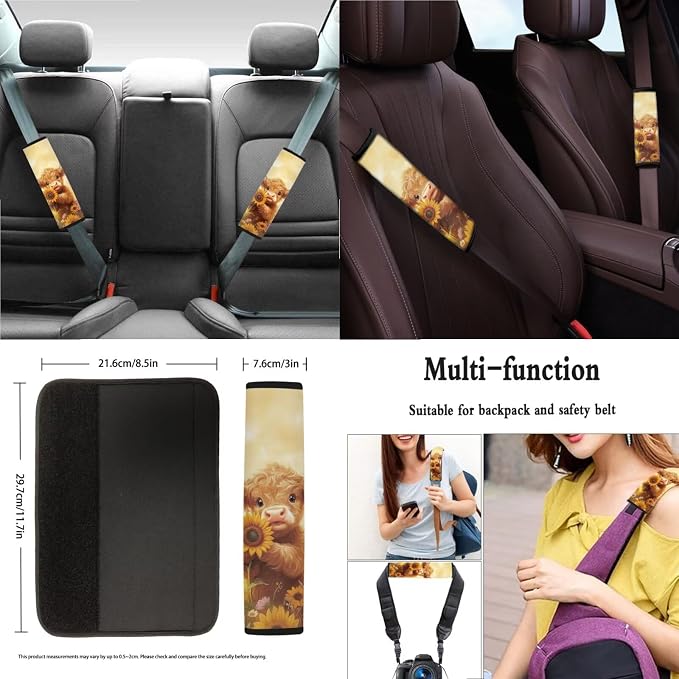 Suobstales Highland Cattle Sunflower Daisy Butterfly Print Car Accessories Car Seat Covers Full Set Interior Cover Seat Protectors with Steering Wheel Cover, Seat Belt Pads, Coaster, Keychains