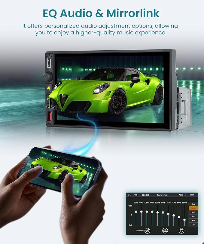 Single Din Radio Car Stereo with Wireless CarPlay & Android Auto, 7 Inch IPS Touch Screen Car Audio with Bluetooth，Mirror Link, FM,EQ, USB/Type-C/U Disk, SWC for Single Din Car Stereo
