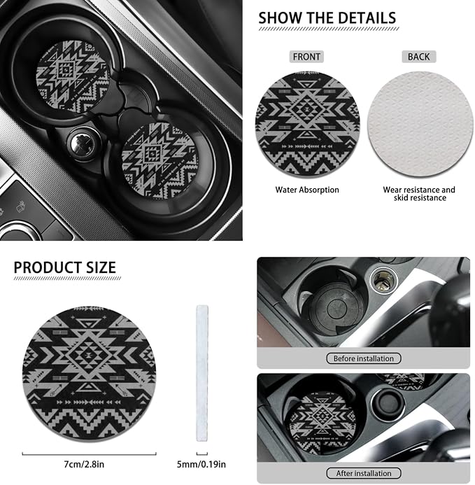 Wanyint Black Aztec Print Car Seat Cover for Women Men Full Set Steering Wheel Cover Shift Knob Handbrake Protector Coasters Head Rest Covers Universal Fit Most Cars SUV Sedan