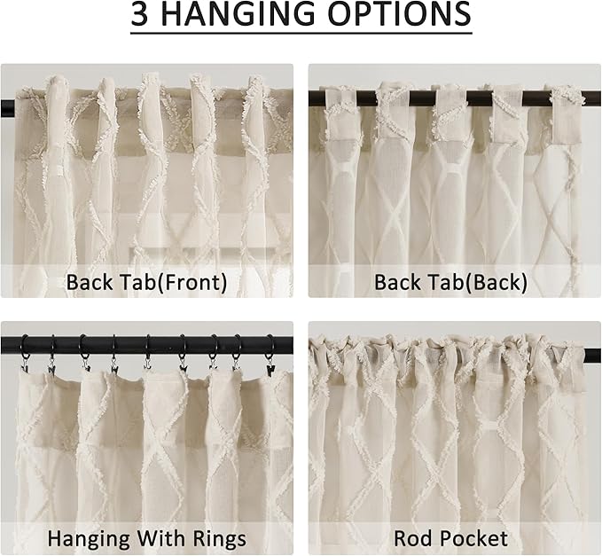 108 Inches Beige Sheer Curtains for Living Room Bedroom Farmhouse Boho Soft Light Filtering Curtains Back Tab & Rod Pocket Tuft Pattern Semi Sheer Curtain 2 Panels Drapes Light Tan Linen Oatmeal