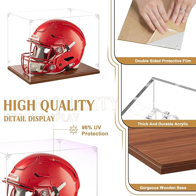 Football Helmet Display Case Full Size, Thickened UV Protection Clear Acrylic Lid Helmet Box, Football Helmet Showcase with Solid Wood Base for Sports Memorabilia