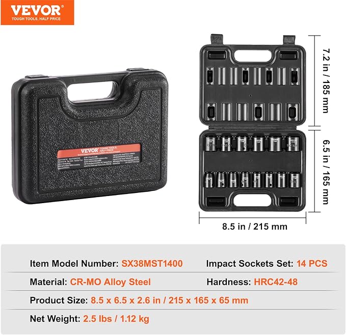 VEVOR 3/8" Drive Impact Socket Set, 14 Piece Shallow Socket Set Metric 7-20mm, 6 Point Cr-Mo Alloy Steel for Auto Repair, Easy-to-Read Size Markings, Rugged Construction, Includes Storage Case