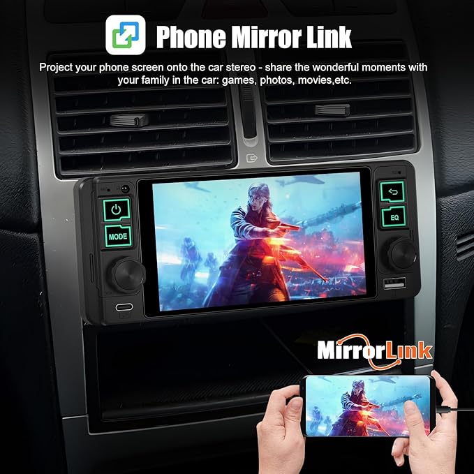 Single Din Car Stereo with Wireless Apple Carplay Android Auto, 5.1" InCell Touchscreen Car Radio with Bluetooth 5.2 Handsfree Mirror Link 1 Din Head Unit with FM/Type-C/USB/EQ/Microphone