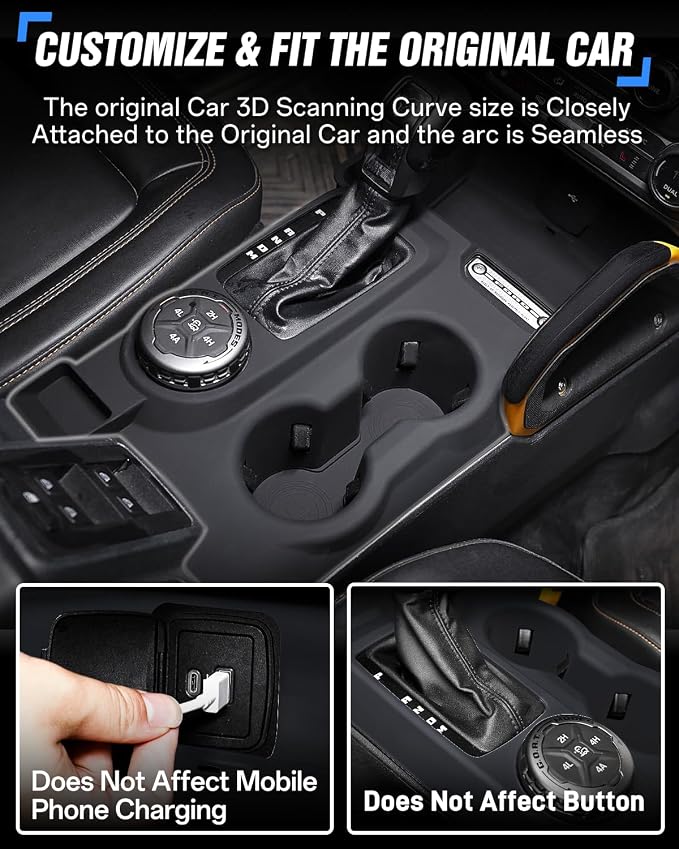 Central Control Storage Box Silicone Non-Slip Mat fit for Ford Bronco 2021-2024 Automatic Transmission 2/4 Door Water Cup Mat Gear Shifter Anti-Scratch Panel Protection Interior Accessories-Black