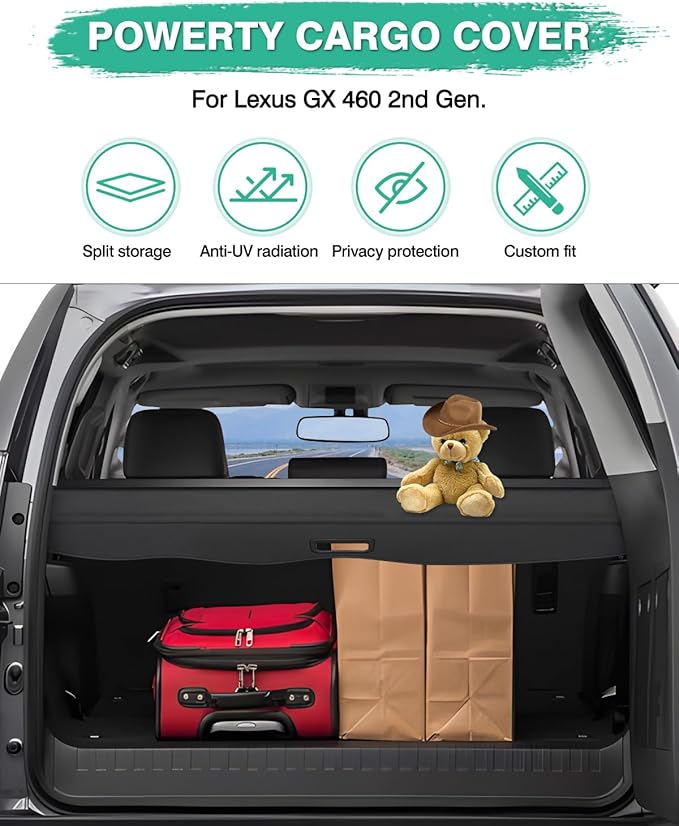 Powerty Retractable Cargo Cover for Lexus GX 460 GX460 2010-2023, Canvas Texture Trunk Cover Privacy Screen Rear Security Shade for GX460 Accessories (with Extented Cover)