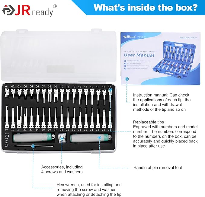 JRready JRconDRK11C38-01 Pin Removal Tool Kit for TE, Deutsch, AMP, Molex, Delphi, Harting, YAZAKI, BYD, JPT Automotive Heavy Duty Electrical Terminal Connector(2PCS Tools+36PCS Replacement Tips)