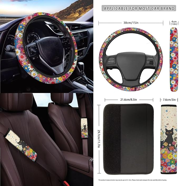 Cat Flower Print Car Seat Covers Full Set with Steering Wheel Cover for Women Decorative Safety Belt Pads Inside Rearview Mirror Cover Garbage Bag Car Air Vent Organizer, Beige