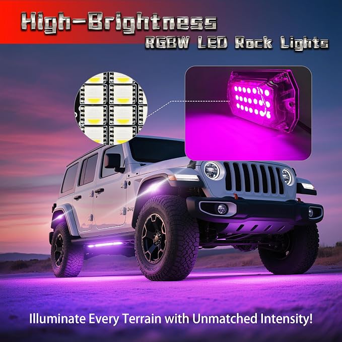 6 Pods 230° Ultra Wide RGBW LED Rock Lights, Bright 6500K Pure White & Smart Brake Sync, IP68 Waterproof Multicolor Underbody Glow Kit for ATV UTV RZR Truck, APP/RF Remote Offroad Underglow Lights