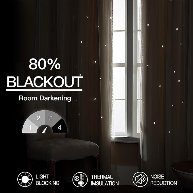 XiDi Beige Curtains with Sheer Overlay for Living Room Bedroom Small Window 2 Panels 80% Blackout Double Layer Star Curtains for Kids Girls Room Darkening Grommet Drapes with Tiebacks W34 X L45
