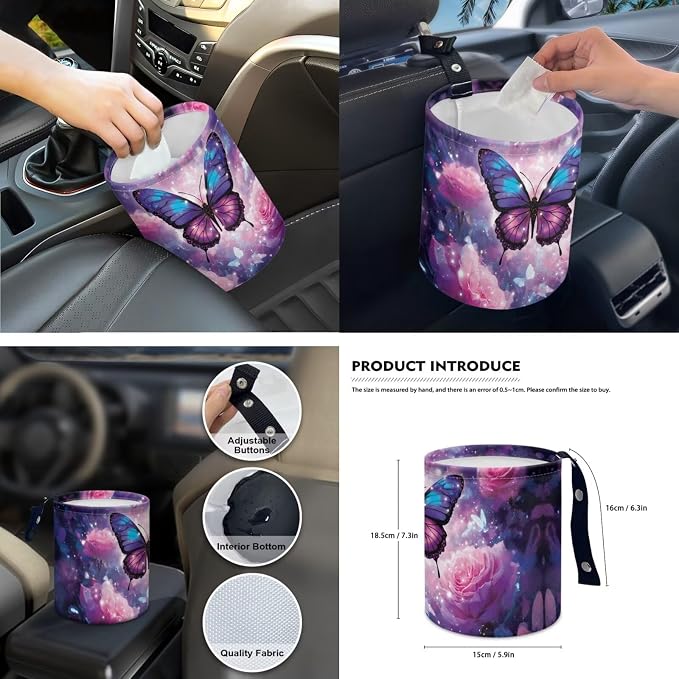 Purple Floral Car Aaccessories Full Set of 15 Pcs, Butterfly Car Seat Covers Set with Rear View Mirror Cover,Steering Wheel Covers,Car Trash Can with Lid for Women Man,Universal Fit