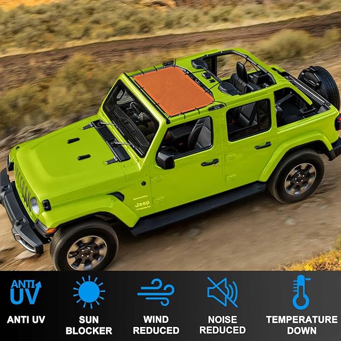 JT JL Top Sun Shade Roof Compatible with Jeep Wrangler and Gladiator 2 or 4 Door 2018 to 2023 Sunshade Sunroof Blocks UV Wind Noise Orange Mesh for Front