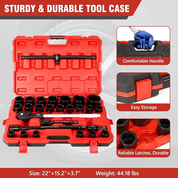 3/4" Impact Socket Set 27PCS,Metric Shallow Sockets 19-60mm | CR-MO Steel,6-Point,3 Extension Bars,Sliding T-Handle & Long Ratchet,heavy duty for truck & industrial repair
