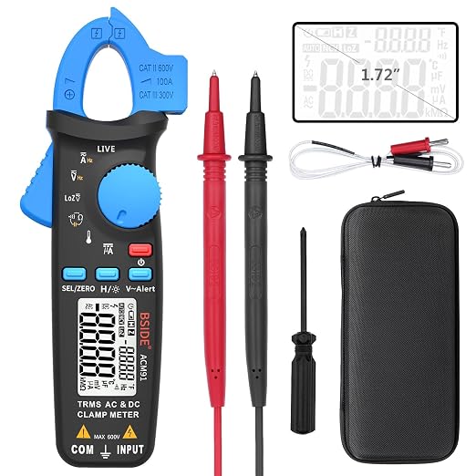 Bside ACM91 1mA Clamp Meter DC/AC Current True RMS Auto-Ranging 6000 Counts Multimeter Live Check V-Alert Temperature Capacitance Frequency Tester with Back Clip