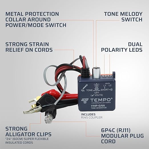 TEMPO 77HP-G/6A Tone Generator w/ABN Clips | Cable Tracing, Continuity Testing, Polarity Testing | RJ11, RJ45 | Twisted Pair & Coaxial Cables | Professional Grade Wire Tracer