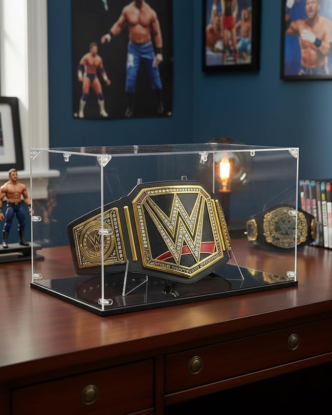 Acrylic Championship Belt Display Case – 3mm Clear Acrylic with Built-in Wrestling Belt Stand, Large 21.8" x 15.9" x 13.2" Showcase Box, Durable Corner-Connector Design – Fits Most Championship Belts