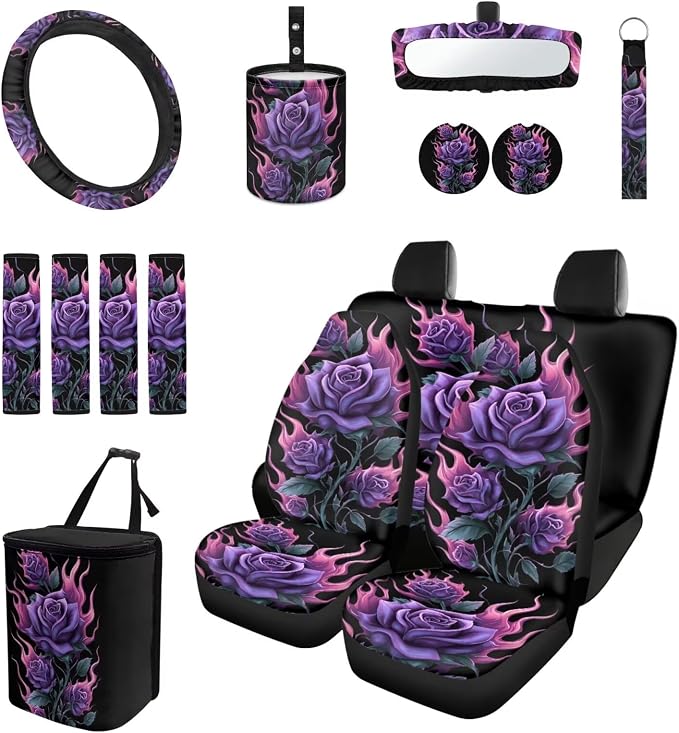 Purple Rose 15 PCS Car Seat Cover Set with Auto Steering Wheel Cover Seat Belt Strap Protector Cup Holder Trash Bag Rear View Mirror Protector Keychain