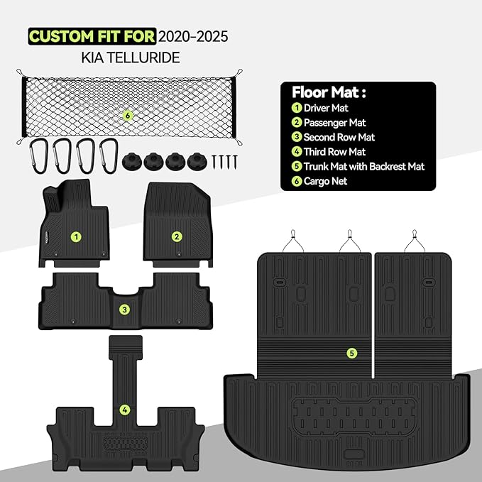 Tongama-Floor Mats for 2020-2025 Kia Telluride, All Weather TPE Trunk Mat with Backrest Mat and Cargo Net for Kia Telluride Floor Liner Accessories