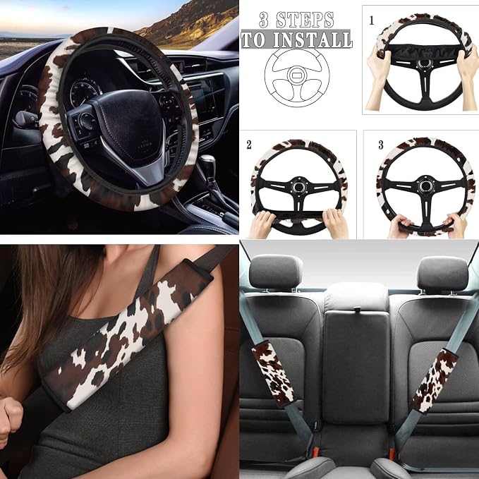 Tupalatus Brown Cow Print 9 Pieces Universal Car Accessories Set Front Car Seat Covers Steering Wheel Cover Auto Seat Belt Cover Coasters Gear Shift Cover Hand Brake Cover