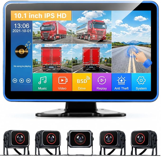5 Channel Touchscreen Backup Camera Monitor for Truck/RV/Semi Trailer/Van/Cars, 10.1 Inch HD Night Vision Backup System, Music & Video Blind Spot Warning Loop Record Waterproof Reverse Cameras