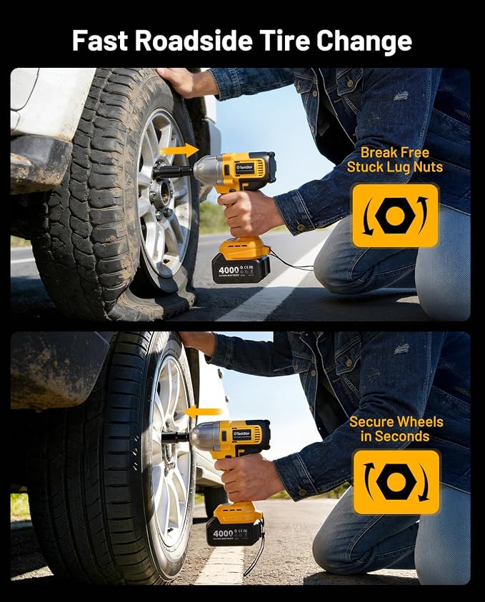 1/2" Cordless Impact Wrench, 1400N·m(1032ft・lbs) Brushless High Torque Impact Gun, Electric Impact Driver, 2x4.0Ah Batteries, LED Light, Charger, 6 Sockets, 3 Variable Speeds for Car/ Pickup/Mower