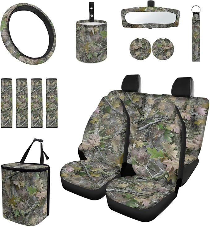 15 Pcs Green Camouflage Car Seat Covers Full Set for Women Men Car Accessories Interior Car Steering Wheel Cover Seatbelt Covers Trash Bin Rear View Mirror Cover Cup Holders Keychain