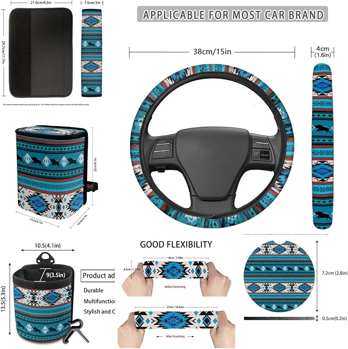 XYZCANDO Ethnic Patterns Auto Seat Cover Sets 15 PCS Car Seat Cover Set Steering Wheel Cover Seat Belt Pads Cover Storage Box Garbage Bag Car Rear View Mirror Cover Coasters Keychain Fit Most Cars