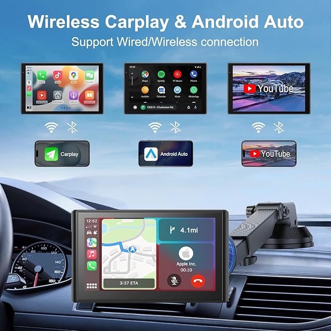 Portable CarPlay Screen for Car Wireless Car Play & Android Auto Touch Screen,7" HD,Landscape&Portrait,1080P Backup Camera GPS Navigation Music Voice Control Bluetooth AUX FM for All Vehicles