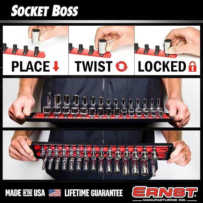 ERNST Socket Boss Combo 3-Pack Tool Organizer with Twist-Lock Technology, Red, Model 8510A – Secure Storage for Socket Wrench Sets - Made in USA
