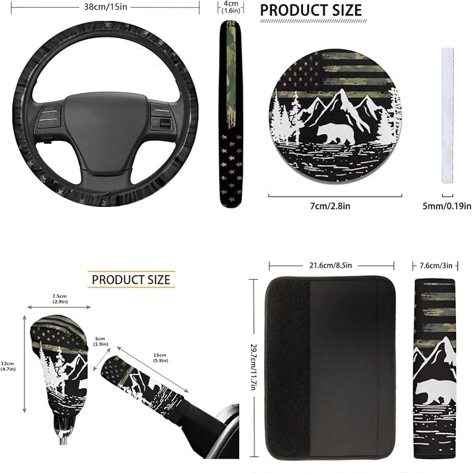 Tupalatus Flag Mountain Car Seat Covers Car Coaster Steering Wheel Cover Seat Belt Shoulder Pads Gear Shift Knob Cover Handbrake Brake Cover Universal Auto Accessories 9 Pack Decor