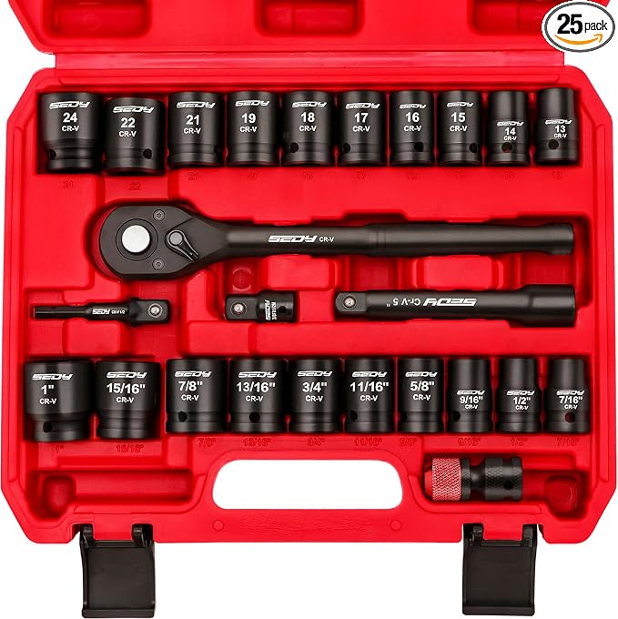 1/2" Drive Socket Wrench Set: 25-Piece SAE & Metric Impact Socket Ratchet Wrench Tool Set Socket Assortment with Storage Box for Repair Mechanic Garage