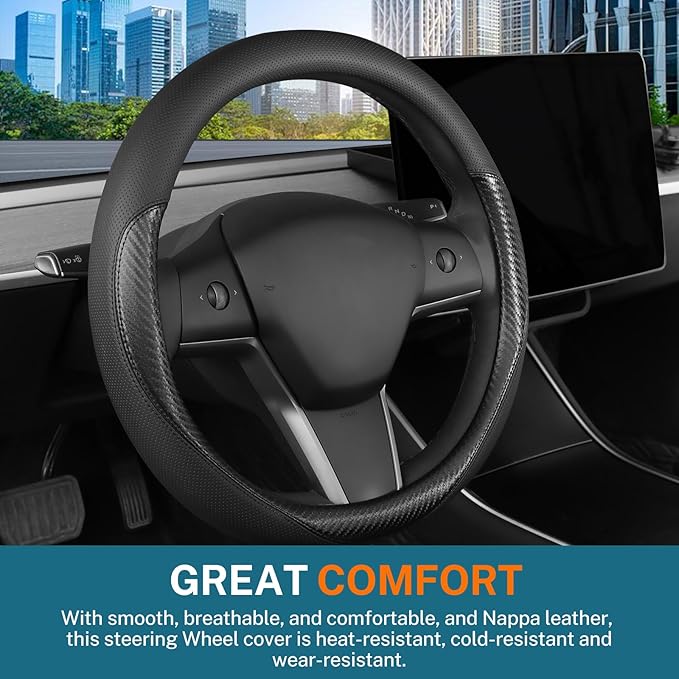 Leather Steering Wheel Cover Custom-Fit for Tesla Model 3/Y 2016-2026, Comfort Grip Design Breathable and Non-Slip, Model 3/Y Car Steering Wheel Protector, Tesla Accessories,Black(B-Style, for Tesla)