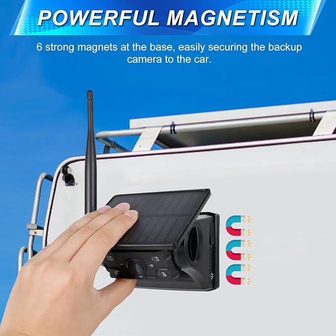 DALLUX Solar Wireless Backup Camera Monitor System Kit, 7 inch DVR Monitor+HD IP69K Waterproof Night Vision Rear View Reverse Camera for Van Trailer 5th Wheel Pickup RV Campers Motor Home