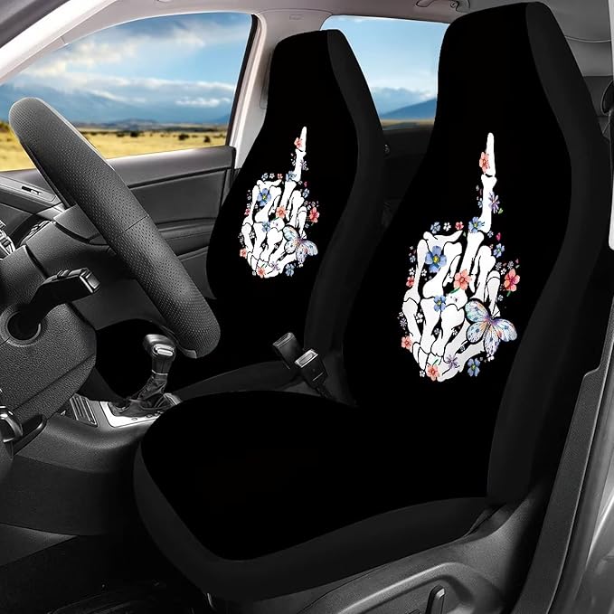 Skeleton Hand Butterfly Middle Finger Print 12 Pieces Skull Car Accessories Interior Seat Covers Full Set with Steering Wheel Covers+Seat Belt Pad+Keychain+Cup Coasters+Lipstick Holder