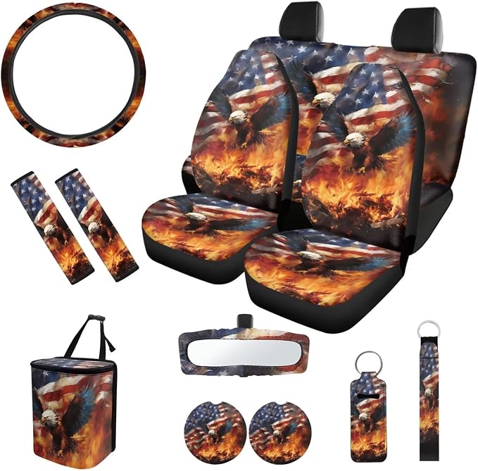Flag Eagle 12 Pack Car Seat Covers Car Steering Wheel Cover Auto Seat Belt Cover Car Trash Can Rear View Mirror Cover Universal Car Interior Accessories Decoration Fashion Auto Interior
