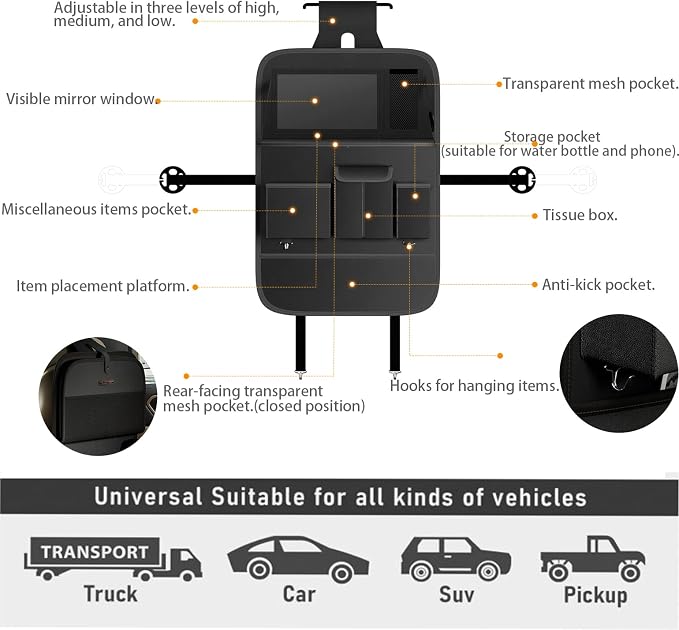 XDV Car Seat Organizers,Multi-functional Back Seat Protectors, Storage Pouches, and Tray Holders (for Cars, Kids, Seat Back and Rear Seats) (Plain Black, 1 Pcs)