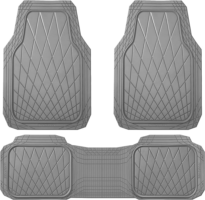 CAR PASS Piping Luxury PU Leather Two Front Car Seat Covers and 3 Pieces Heavy Duty Rubber Deep Dish All Weather Car Floor Mats, Universal Fit for 95% Sedan SUV Van Truck, All Gray