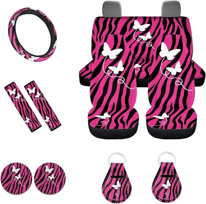 POLERO Butterfly on Zebra Car Seat Covers for Women Pink Car Accessories 11pcs Cute Steering Wheel Cover Set with Seatbelt Protector Pads