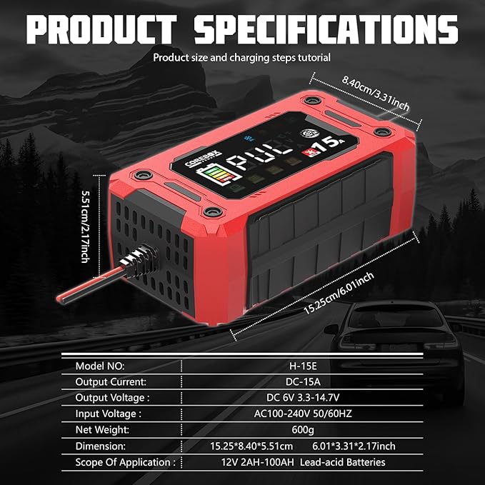 COREBOX Battery Charger 15-Amp 12V Automatic Smart Battery Trickle Charger, Battery Maintainer Desulfator with Temperature Compensation for Car Truck Motorcycle Lawn Mower Marine