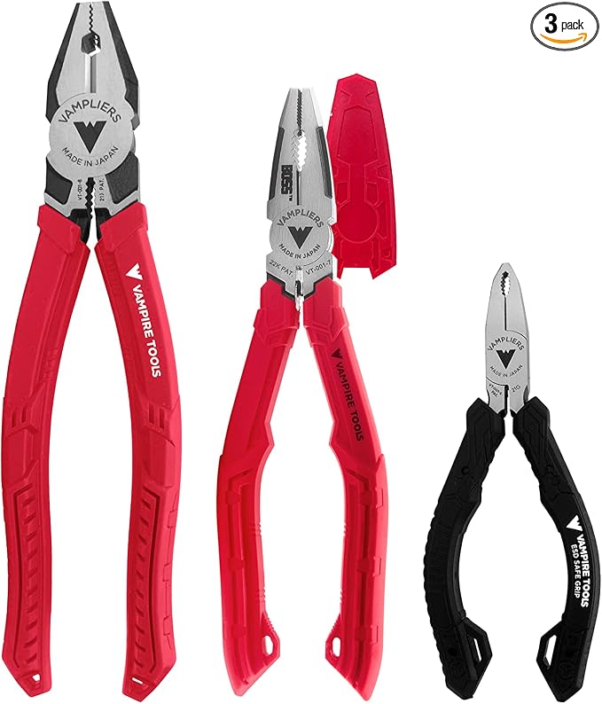 VAMPLIERS 3-PC Screw Extractor Pliers Set. Made in Japan: 8" Linesman, 7" Multipurpose & 5" ESD Safe Mini Pliers. Stripped Screw Removal Tools with Unique Non-Slip Jaws.