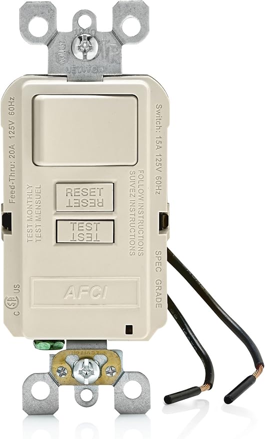 Leviton AFCI/Switch Combination, 15 Amp, Self Test, LED Indicator Light, AFSW1-T, Light Almond