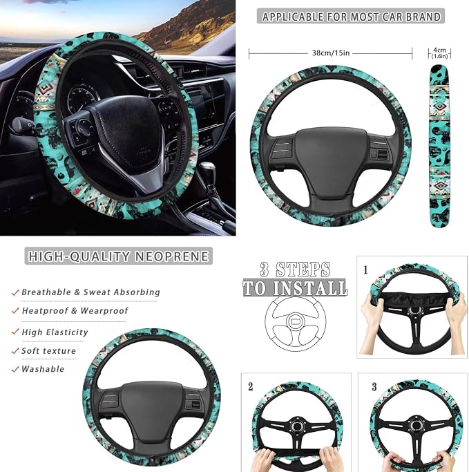 Wanyint Aztec Cow Print Teal Car Seat Cushion Cover Full Set 11 PCS, with Car Steering Wheel Cover Coasters Handbrake Protector Gear Shift Knob Cover Headrest Covers Universal Fit Most Vehicles