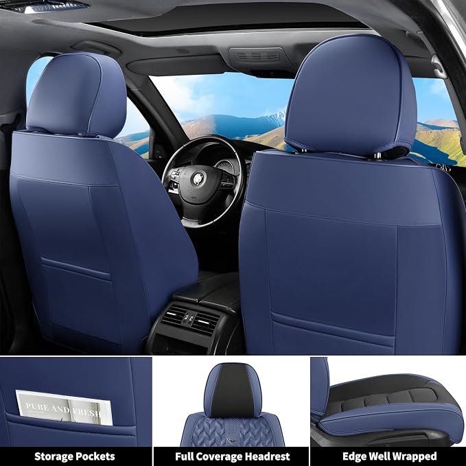 FLORICH Car Seat Covers, Leather Seat Covers, Front Seat Covers 2PCS,Waterproof Car Seat Protector, Auto Driver Seat Covers Accessories Fit for Most SUV Trucks(Blue&Black, Front Pair)